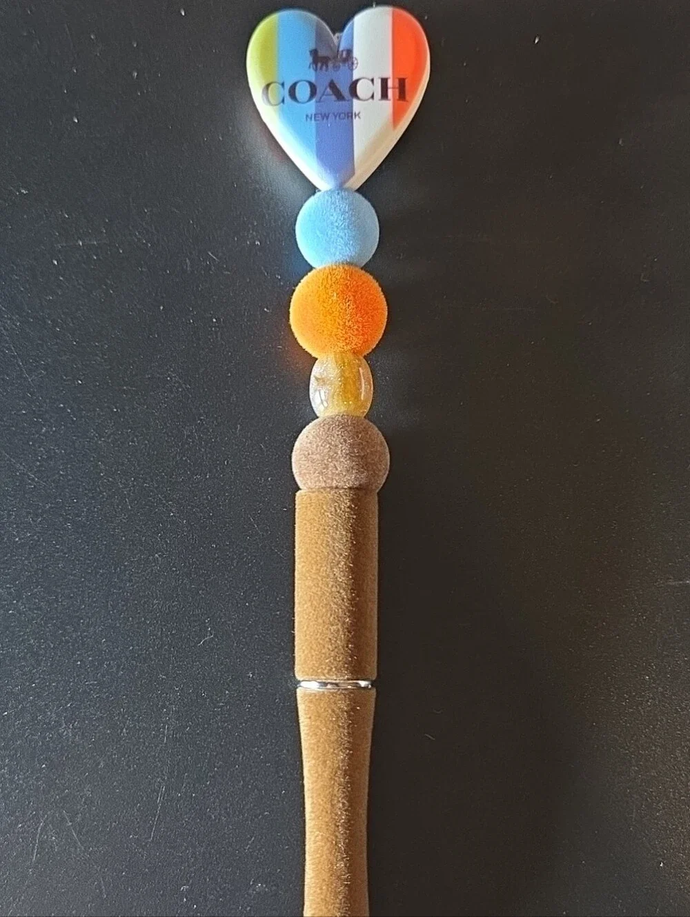 Coach Multicolor Heart Charm Beaded Pen in Blue, Orange, Tan. Flocked Pen